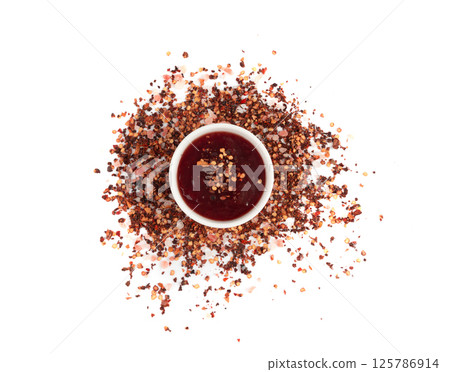Orange jam with chili isolated, black currant chilli pepper marmalade smear, spicy fruit jelly confiture 125786914