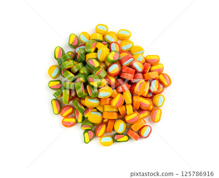 Round gummy candy piles set isolated. Small chewing colorful jellybeans, marmalade cuts, pills 125786916