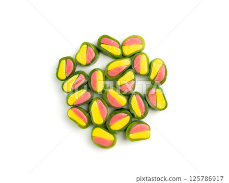 Round gummy candy piles set isolated. Small chewing colorful jellybeans, marmalade cuts, pills Round gummy candy piles set isolated. Small chewing colorful jellybeans, marmalade cuts, pills 125786917