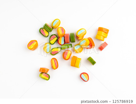 Round gummy candy piles set isolated. Small chewing colorful jellybeans, marmalade cuts, pills 125786919
