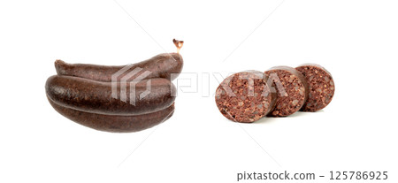 Black pudding isolated, blood sausage kaszanka, traditional Polish terrine, brawn sausages on white Black pudding isolated, blood sausage kaszanka, traditional Polish terrine, brawn sausages on white 125786925