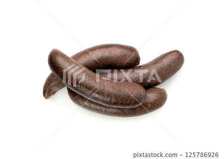 Black pudding isolated, blood sausage kaszanka, traditional Polish terrine, brawn sausages on white Black pudding isolated, blood sausage kaszanka, traditional Polish terrine, brawn sausages on white 125786926