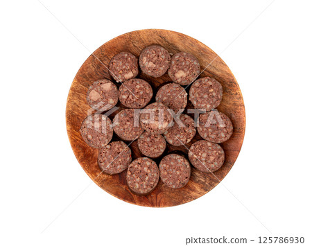 Black pudding isolated, blood sausage kaszanka, traditional Polish terrine, brawn sausages on white 125786930