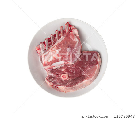 Raw lamb rack isolated, fresh mutton fillet with ribs, tenderloin pieces, mutton rump sirloin meat 125786948