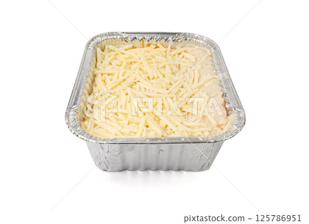 Lasagna portion in aluminium foil tray isolated. Oven baked lasagne for heating, container, airplane food 125786951