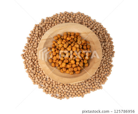 Roasted chickpeas, leblebi pile, spicy fried chana, crispy chick peas with mint and spices, east snack 125786956