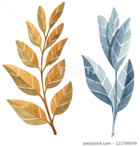 Watercolor set of stylized tree branches in contrasting yellow and blue tones. Perfect for abstract nature designs, modern compositions, seasonal decor, and creative illustrations 125786979