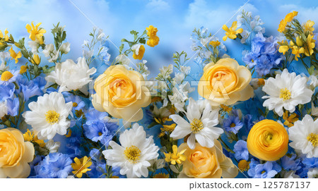 A gorgeous flower wall covered with colorful blue and yellow flowers A gorgeous flower wall covered with colorful blue and yellow flowers 125787137