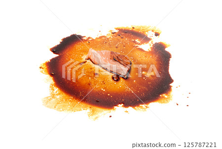 Spilled Soy Sause Leftovers with a Piece of Fish Isolated, Teriyaki Drops on White Plate, Oyster Sauce Spilled Soy Sause Leftovers with a Piece of Fish Isolated, Teriyaki Drops on White Plate, Oyster Sauce 125787221