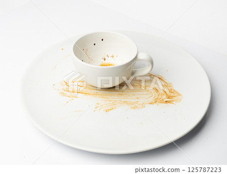 Spilled Soy Sause Leftovers Isolated, Teriyaki Drops on White Plate, Oyster Sauce Smear Texture Spilled Soy Sause Leftovers Isolated, Teriyaki Drops on White Plate, Oyster Sauce Smear Texture 125787223