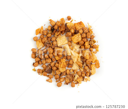 Dried vegetables mix with carrots, onion, parsnip and soy meat isolated. Dry food pieces for instant noodles Dried vegetables mix with carrots, onion, parsnip and soy meat isolated. Dry food pieces for instant noodles 125787230