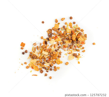 Dried vegetables mix with carrots, onion, parsnip and soy meat isolated. Dry food pieces for instant noodles Dried vegetables mix with carrots, onion, parsnip and soy meat isolated. Dry food pieces for instant noodles 125787232