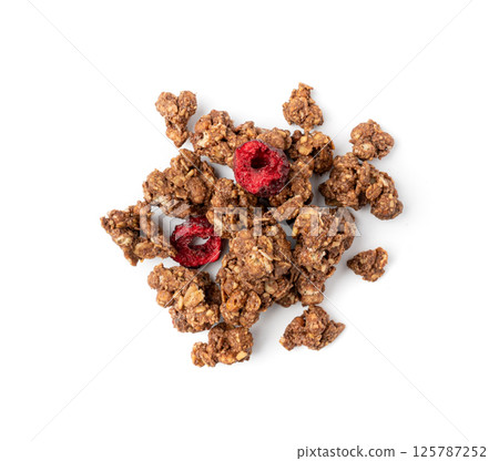Chocolate Brownie Granola Pile Isolated, Cocoa Muesli, Crunchy Cereals, Oatmeal with Dried Cherries Chocolate Brownie Granola Pile Isolated, Cocoa Muesli, Crunchy Cereals, Oatmeal with Dried Cherries 125787252