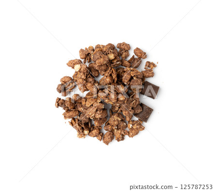 Chocolate Granola Pile Isolated, Cocoa Muesli Breakfast, Crunchy Cereals, Oatmeal Muesli Chocolate Granola Pile Isolated, Cocoa Muesli Breakfast, Crunchy Cereals, Oatmeal Muesli 125787253