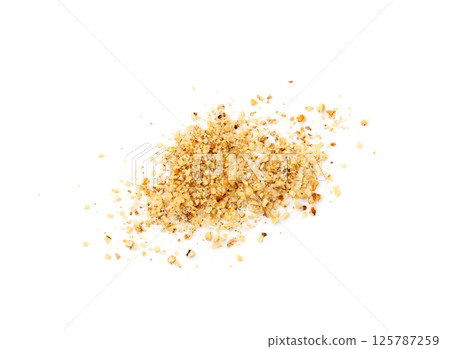 Grated wallnut , broken roasted walnuts, heap of nuts crumbs, whole kernel pieces, fractions Grated wallnut , broken roasted walnuts, heap of nuts crumbs, whole kernel pieces, fractions 125787259