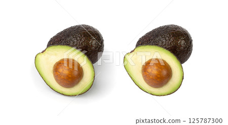 Hass Avocado Half Isolated, Whole Sharwil Set, Brown Avocados Cut, Fresh Alligator Pear, Persea Americana 125787300