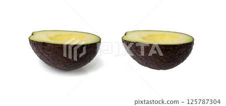Hass Avocado Half Isolated, Whole Sharwil Set, Brown Avocados Cut, Fresh Alligator Pear, Persea Americana 125787304