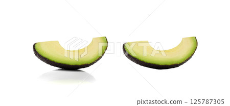 Hass Avocado Half Isolated, Whole Sharwil Set, Brown Avocados Slice, Fresh Alligator Pear, Persea Americana Hass Avocado Half Isolated, Whole Sharwil Set, Brown Avocados Slice, Fresh Alligator Pear, Persea Americana 125787305