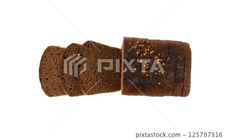 Black rye bread isolated, dark brown sliced loaf, sourdough borodinsky rugbrod square slices Black rye bread isolated, dark brown sliced loaf, sourdough borodinsky rugbrod square slices 125787316