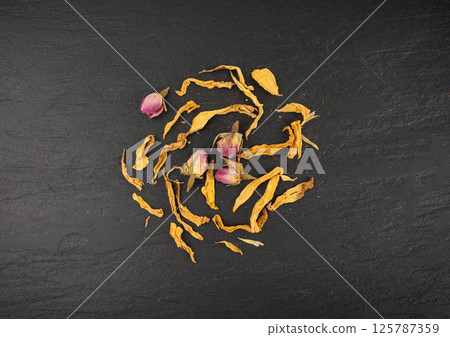 Dried edible flowers mix, Helichrysum arenarium pile, dwarf everlast petals, medical herb tea pile 125787359