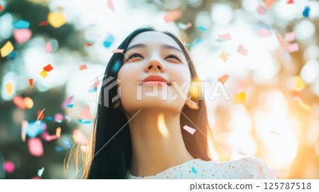 Dreamy young Asian woman surrounded by colorful confetti Dreamy young Asian woman surrounded by colorful confetti 125787518