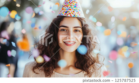 Portrait of young woman in party hat having fun surrounded by colorful confetti 125787525