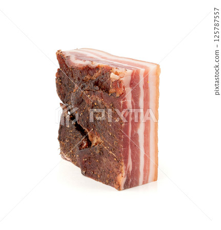 Cured carbonara pork isolated, raw smoked bacon, streaky brisket on white background 125787557