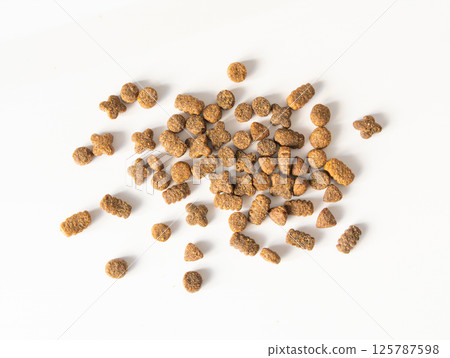 Dry pet food in sunlight, dog kibble pile, scattered puppy pellets, small canine protein croquette Dry pet food in sunlight, dog kibble pile, scattered puppy pellets, small canine protein croquette 125787598