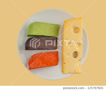 Cheese plate of color cheeses variety, yellow, red, green maasdam platter, colour cheese board Cheese plate of color cheeses variety, yellow, red, green maasdam platter, colour cheese board 125787601
