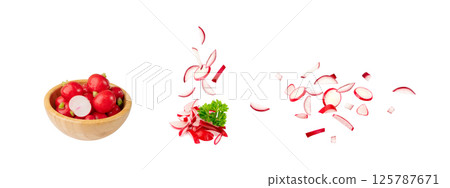 Falling Chopped Radish Roots Isolated, Flying Red Root Cuts, Diced Red Radishes Pile, Sliced Radis Falling Chopped Radish Roots Isolated, Flying Red Root Cuts, Diced Red Radishes Pile, Sliced Radis 125787671