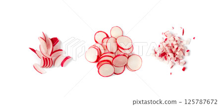 Sliced Radish Roots Isolated, Red Root Round Cuts, Red Radishes Slice Pile, Radis Cross Sections on White Sliced Radish Roots Isolated, Red Root Round Cuts, Red Radishes Slice Pile, Radis Cross Sections on White 125787672