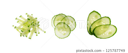 Cucumber cut isolated, cucumber round slices macro, green vegetable cuts for salad isolated, fresh pieces Cucumber cut isolated, cucumber round slices macro, green vegetable cuts for salad isolated, fresh pieces 125787749