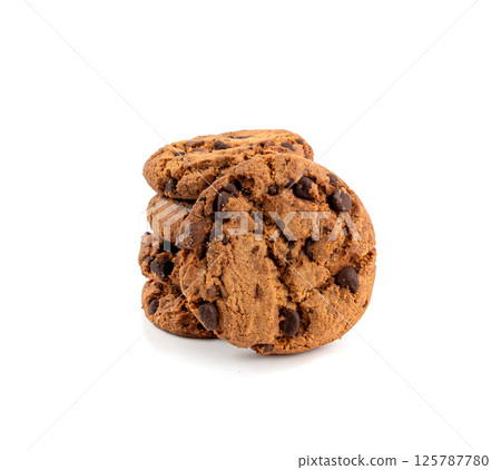Chocolate chips cookies isolated, American biscuits, cocoa confectionery cake, sweet morsels bakery 125787780