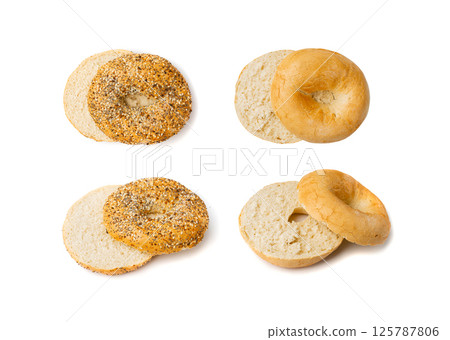 Bagel, Round Bread Bun, Wheat Bakery with Grains And Seeds for Breakfast, Plain Circle Bagel Bread 125787806