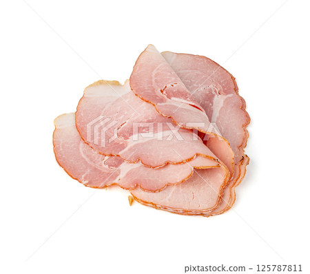 Baked Pork Slices Isolated, Roasted Sliced Loin, Tenderloin Ham Pieces, Boiled Meat Fillet Cuts Baked Pork Slices Isolated, Roasted Sliced Loin, Tenderloin Ham Pieces, Boiled Meat Fillet Cuts 125787811