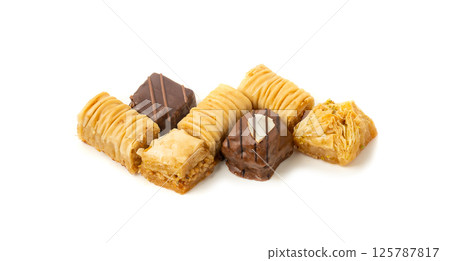 Baklava Isolated, Small Ramadan Dessert, Eastern Sweet Filo Pastries, Turkish Honey Baklawa, Oriental Desert Baklava Isolated, Small Ramadan Dessert, Eastern Sweet Filo Pastries, Turkish Honey Baklawa, Oriental Desert 125787817