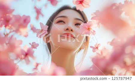 Dreamy young Asian woman surrounded by delicate pink flowers Dreamy young Asian woman surrounded by delicate pink flowers 125787947