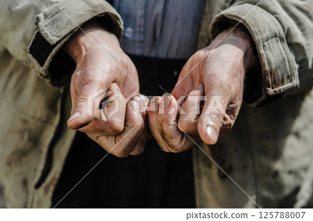 The photo shows old, dirty hands stretched out in a plea for alms, revealing a life of hardship. Dirty old man's worn-out hands ask for alms. The photo shows old, dirty hands stretched out in a plea for alms, revealing a life of hardship. Dirty old man's worn-out hands ask for alms. 125788007