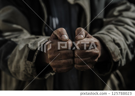 The fists of an old worker are tense and strong. The hands have struggled, worked, and suffered. 125788023