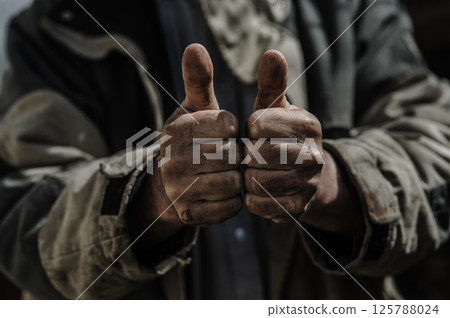 A homeless man shows a gesture of class with his hands. The rough hands grip the air as if holding onto hope. 125788024