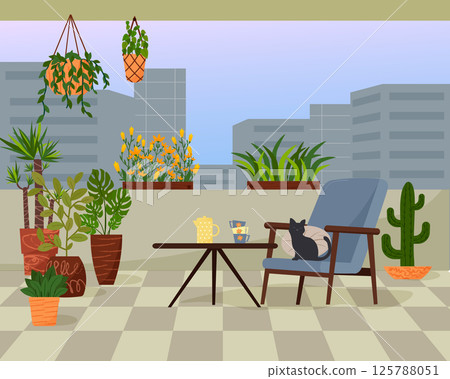 Armchair and coffee table on the balcony of the apartment. Terrace with green plants. Flowers in clay pots and boxes for seedlings. Place to relax. View from above on the city and buildings. Vector il 125788051