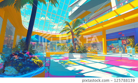 The interior of a commercial facility in a futuristic city decorated in vibrant pastel colors | Bright and pop space composition 125788139