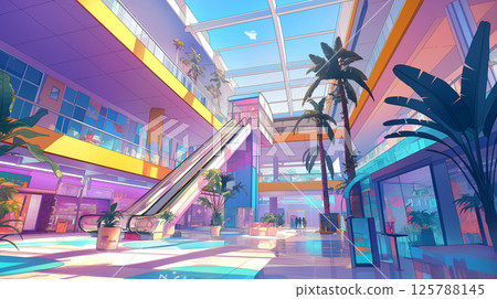Fantastic interior view illustration of a futuristic shopping center | Abstract space design of light and color 125788145