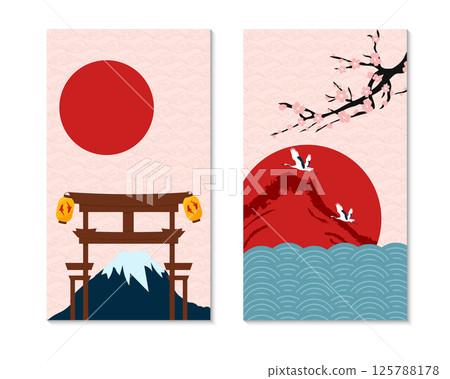 Japanese landscape cards. Ritual gate with lanterns on the mountain background. Sea, sakura and cranes. Minimalistic illustration. Background with stylized clouds. Japanese landscape cards. Ritual gate with lanterns on the mountain background. Sea, sakura and cranes. Minimalistic illustration. Background with stylized clouds. 125788178