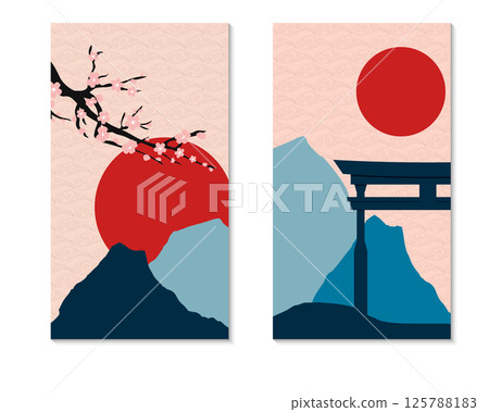 Japanese landscape. Set of cards. Mountains and sun, ritual gate and sakura. Textured background. Minimalistic illustration. 125788183