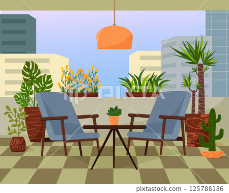 Balcony of a city house. Terrace of a house with green plants. Two armchairs and a coffee table. Flowers and boxes for seedlings. Place for rest. Balcony of a city house. Terrace of a house with green plants. Two armchairs and a coffee table. Flowers and boxes for seedlings. Place for rest. 125788186