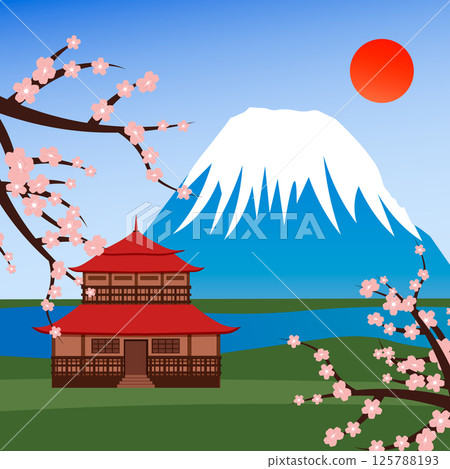 Japanese house against the background of mountains and sea. Blooming sakura. Japanese landscape. Mountain peaks and blue sky. Sunny weather. Eastern culture. Japanese house against the background of mountains and sea. Blooming sakura. Japanese landscape. Mountain peaks and blue sky. Sunny weather. Eastern culture. 125788193
