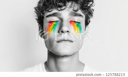 Man with Closed Eyes Displaying Rainbow Tears in Artistic Black-and-White 125788213