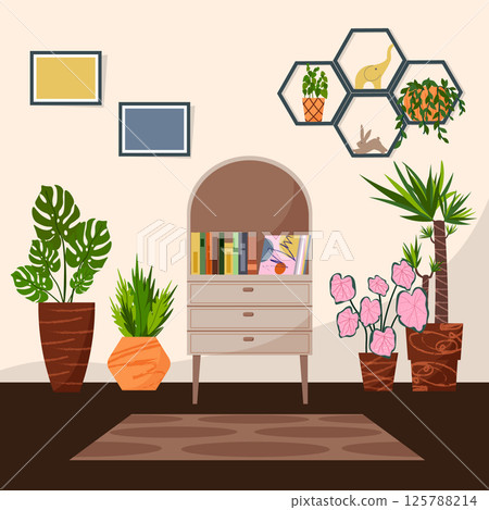 Home garden, illustration with furniture and flowers. Bookcase with books. Flowers in pots. Green greenhouse in the apartment. A place to relax with plants. 125788214