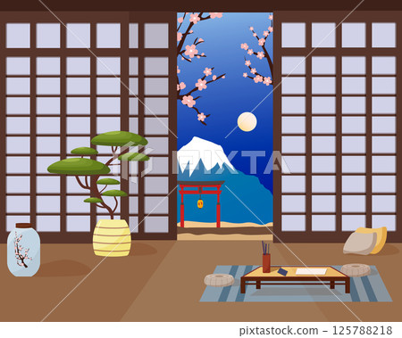 Oriental interior. Night view of the mountains from the terrace. Blooming sakura and temple gate. Desk with writing utensils. Seat cushions. Bonsai and vase. 125788218